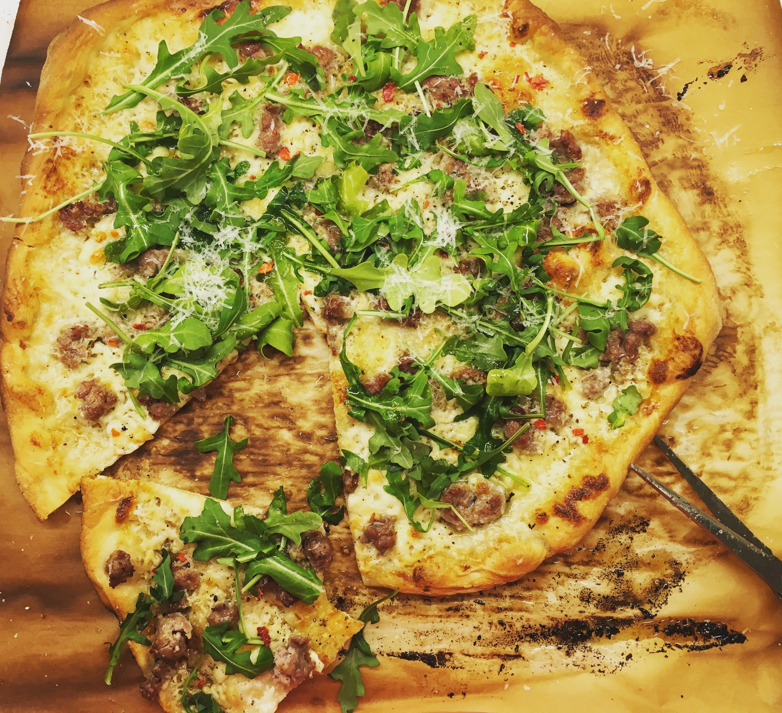 Pizza with Sausage and Truffle Cream Never Not Hungry