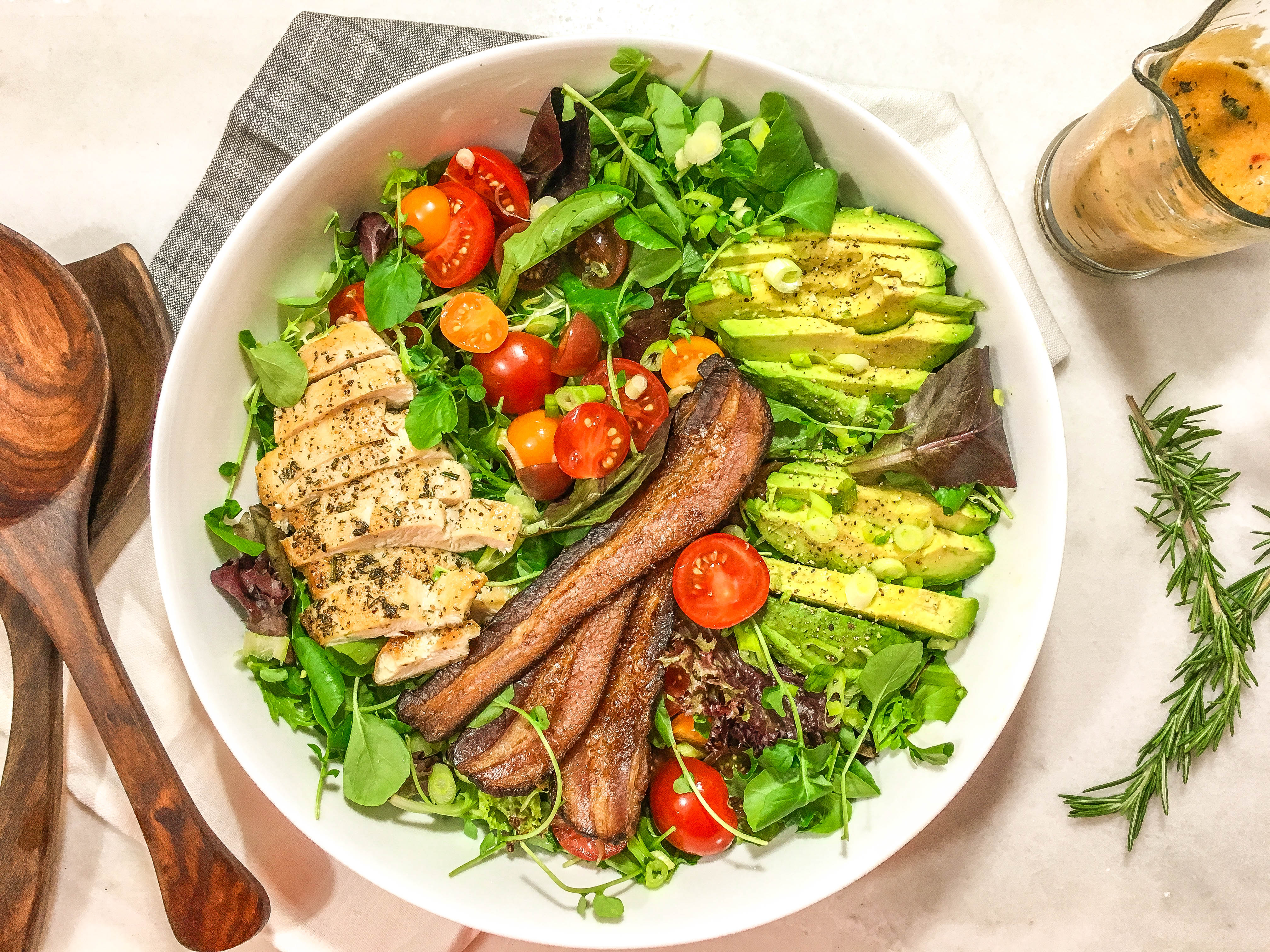 Rosemary Chicken, Bacon and Avocado Salad with Spicy Roasted Garlic Dressing.jpg