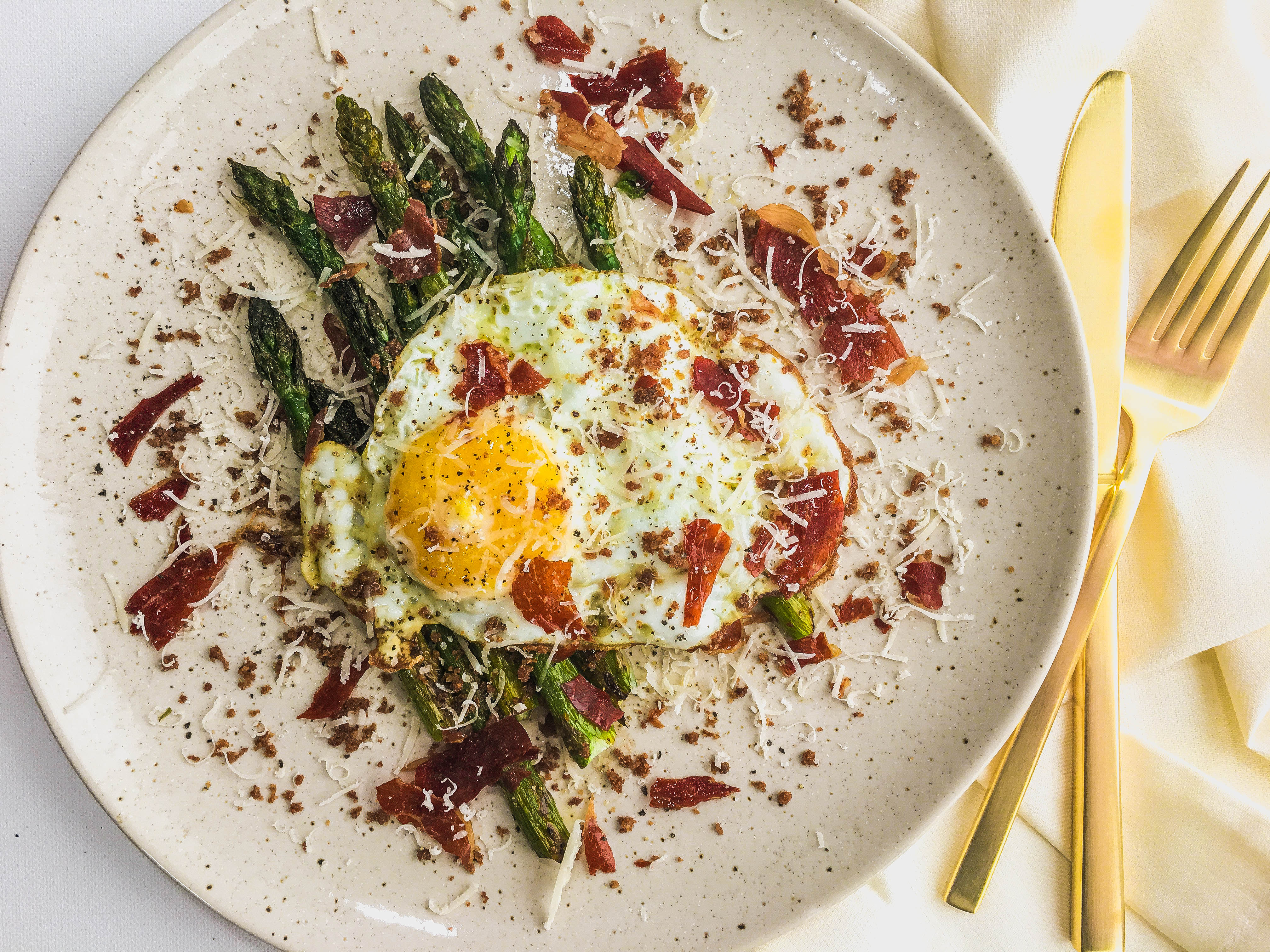 Asparagus with Olive Oil-Fried Egg, Brown Butter Breadcrumbs and Crispy Prosciutto.jpg