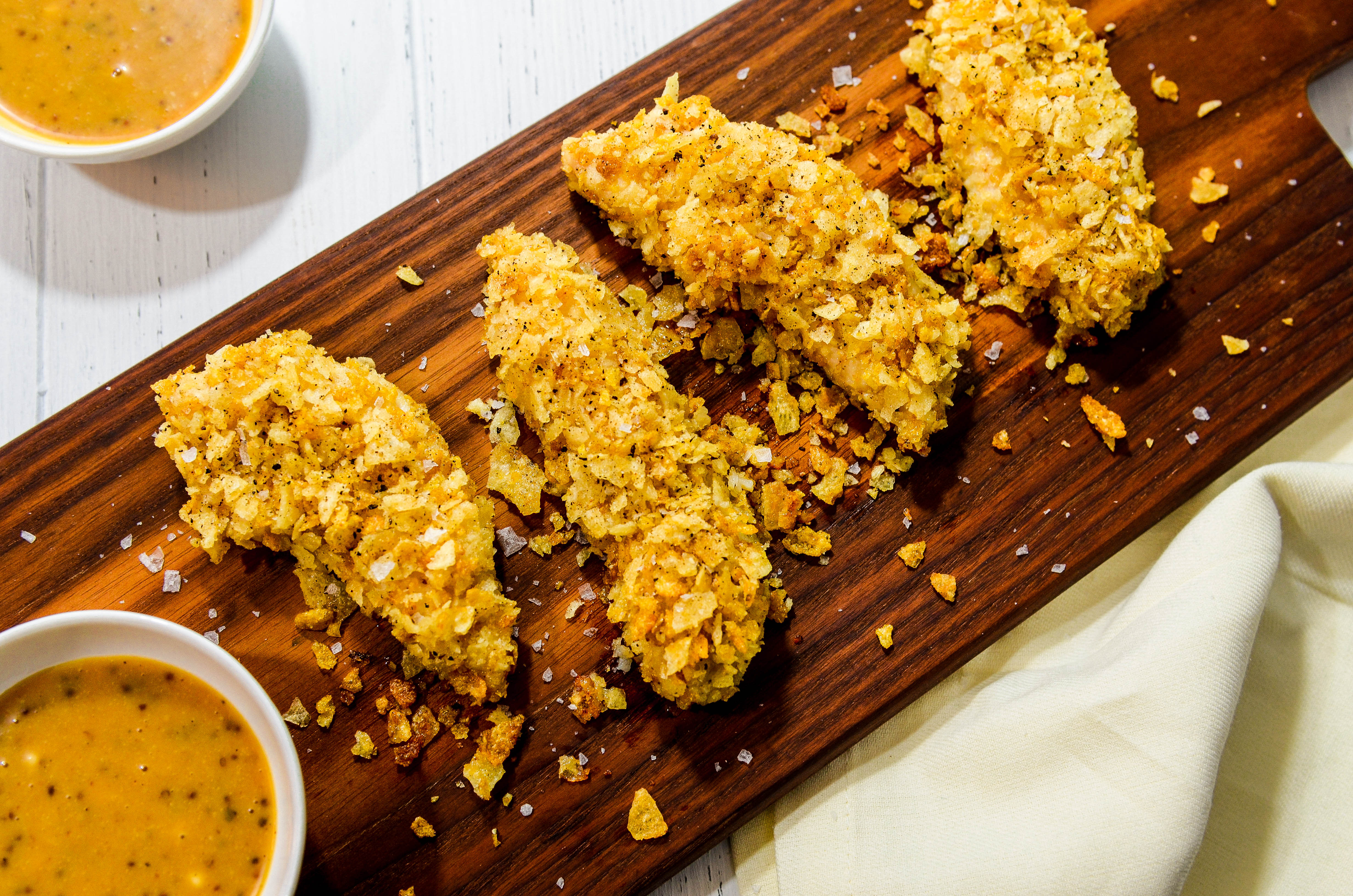Potato Chip-Crusted Chicken Fingers with Honey Mustard-BBQ Dipping Sauce.jpg