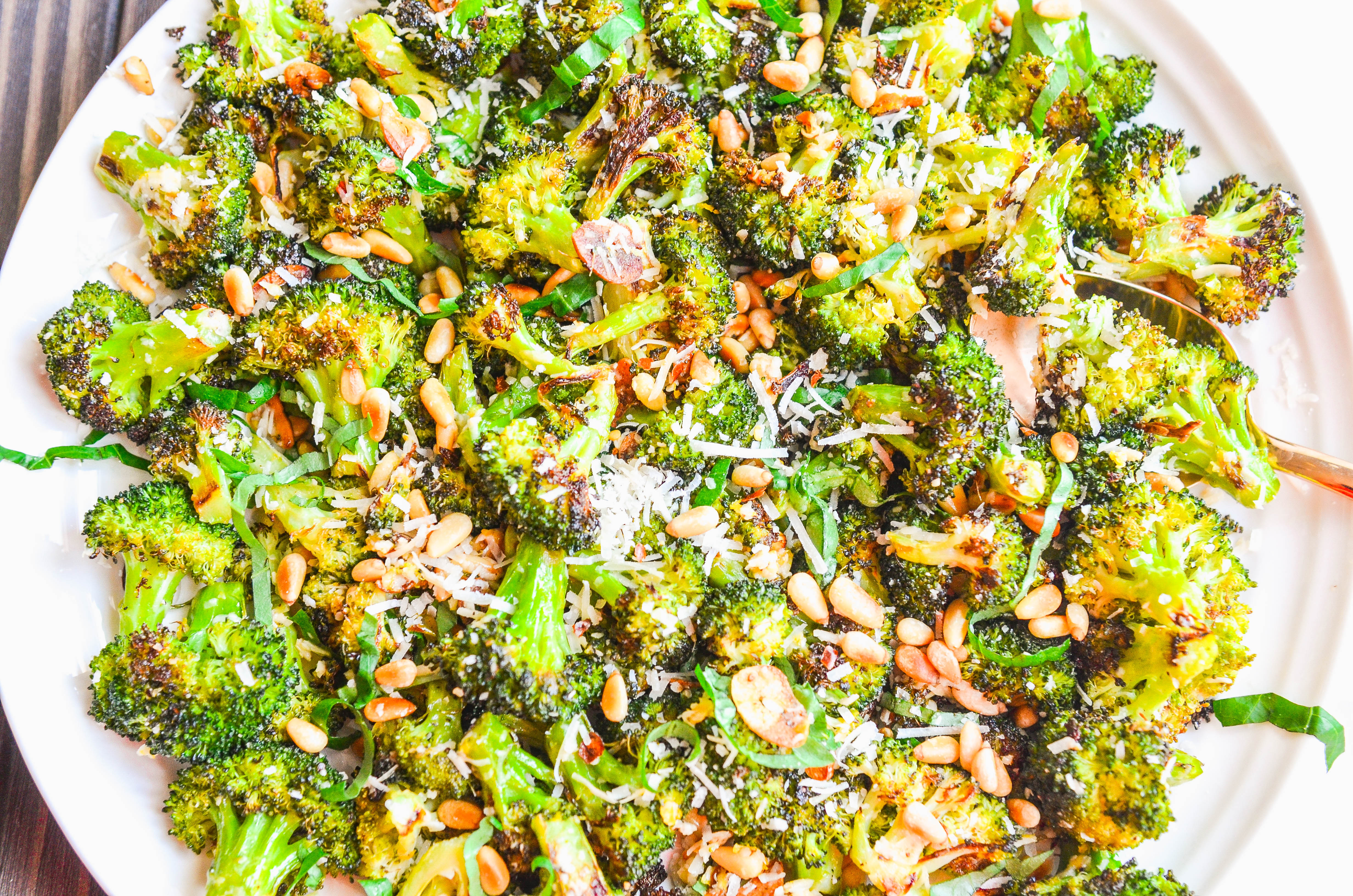 Roasted Broccoli with Parmesan, Pine Nuts and Lemon Never Not Hungry