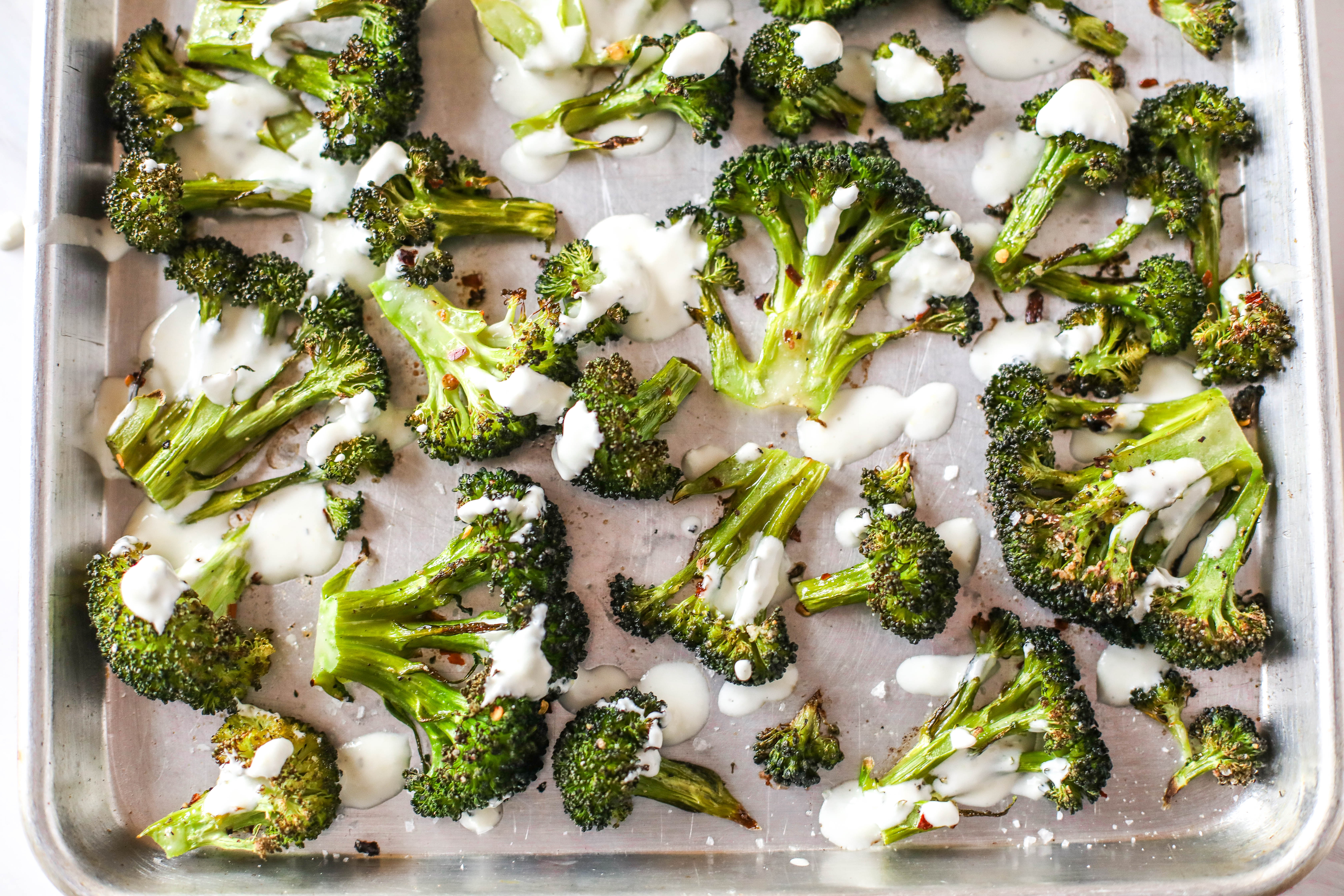 Spicy Roasted Broccoli with Lemon Goat Cheese Drizzle