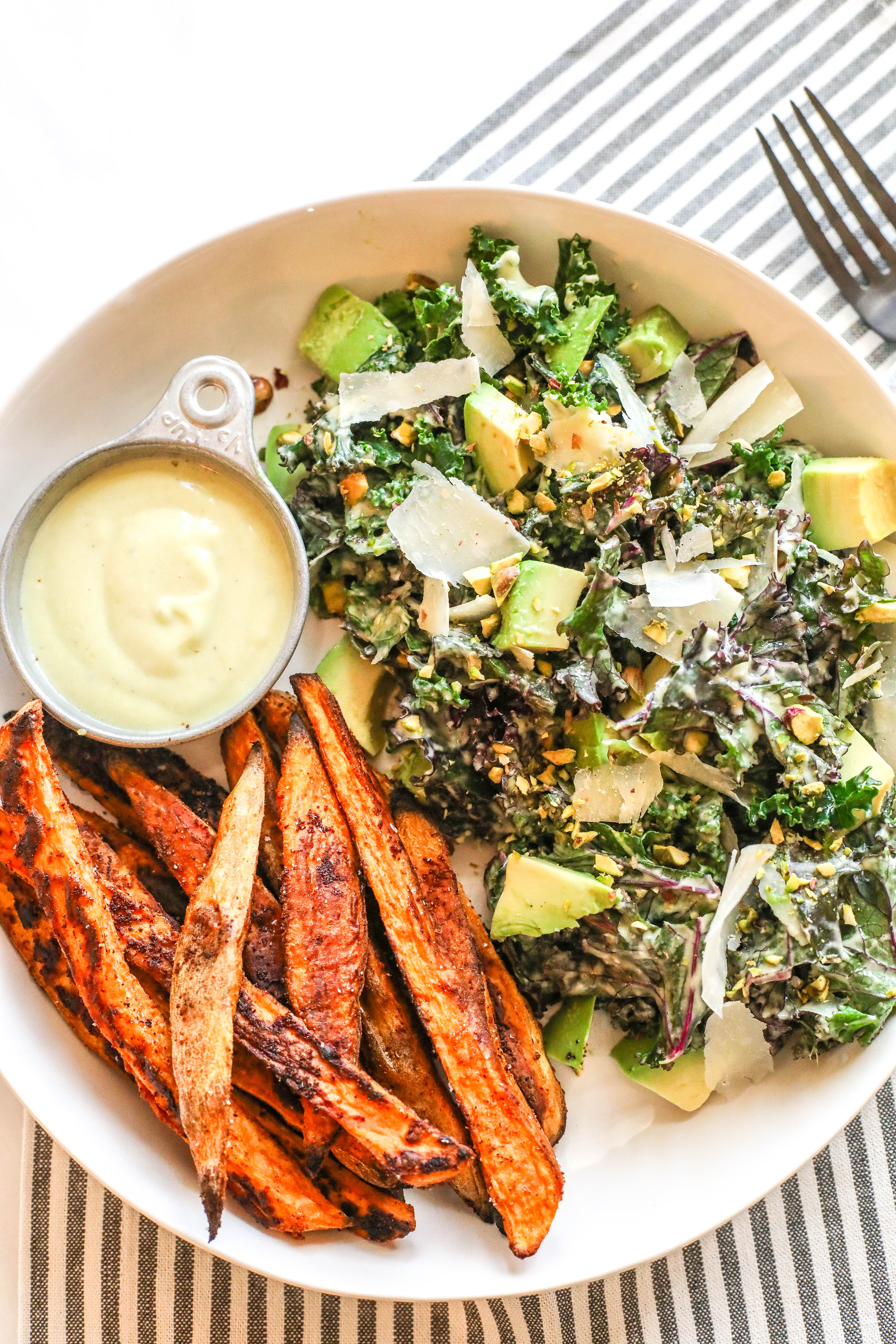 Avocado Kale Caesar Salad with Baked Sweet Potato Fries-3