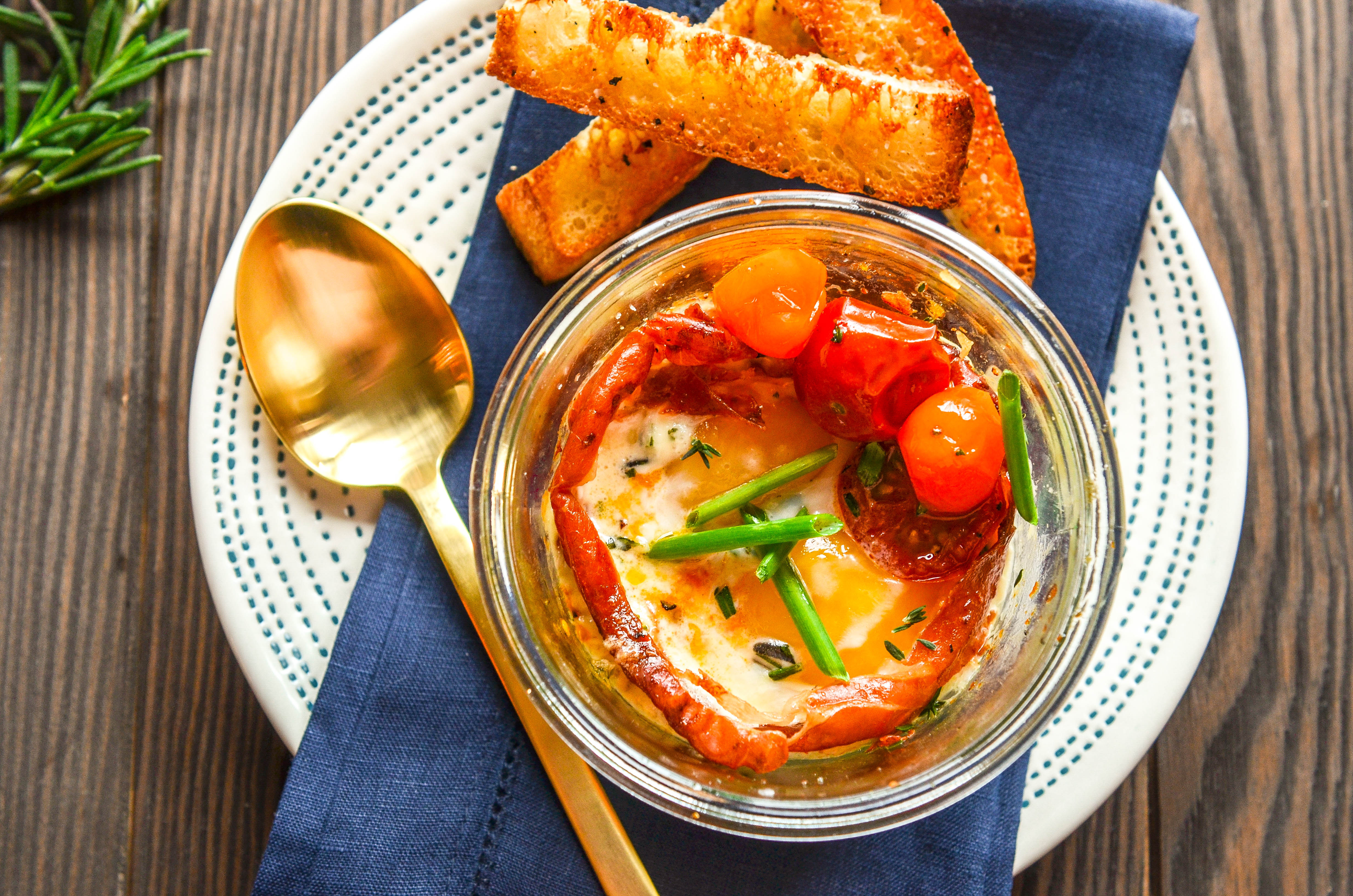 Shirred Eggs with Prosciutto, Candied Tomatoes and Herb Cream with Focaccia Toast Soldiers-2.jpg