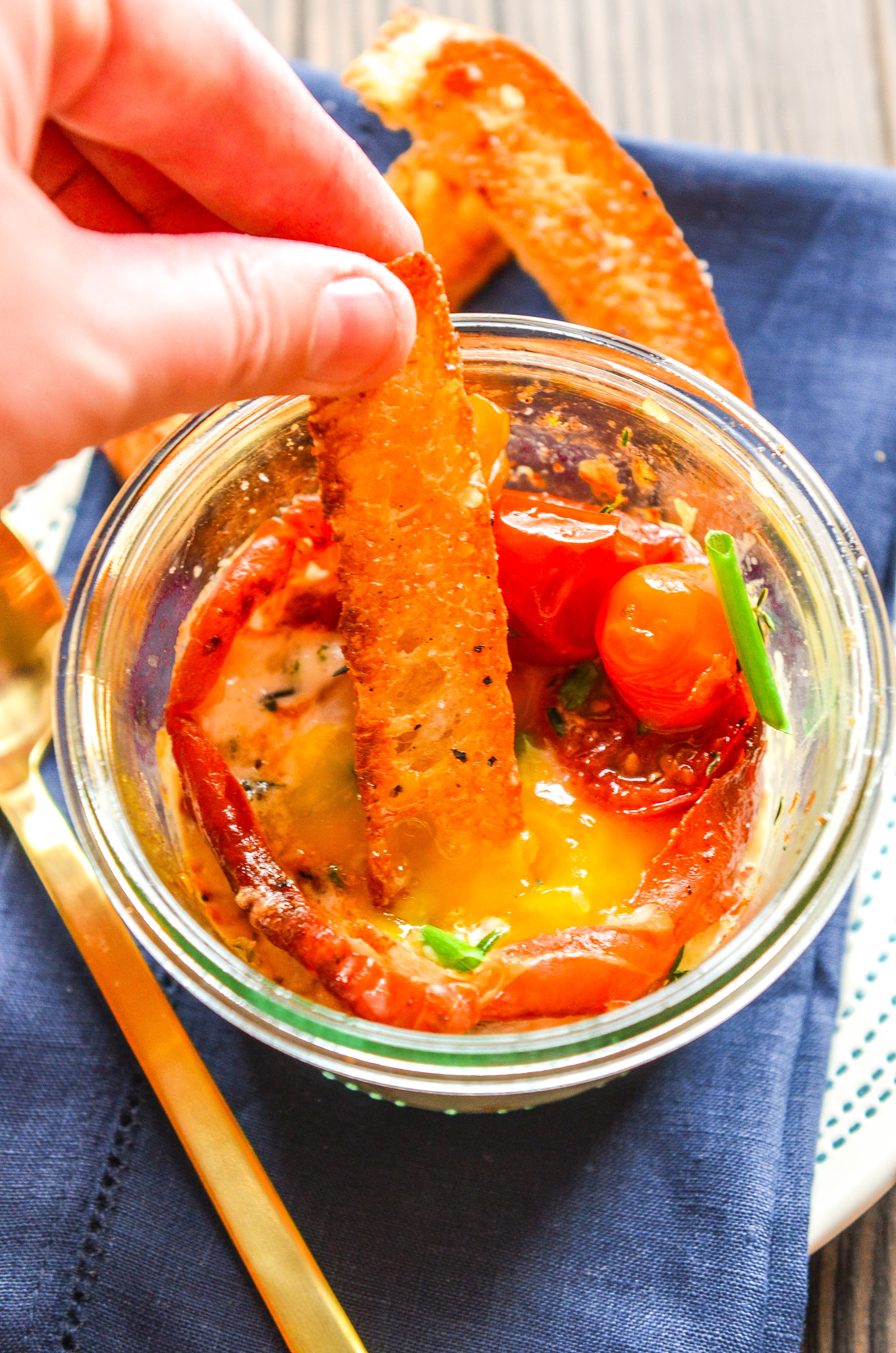Shirred Eggs with Prosciutto, Candied Tomatoes and Herb Cream with Focaccia Toast Soldiers-5.jpg
