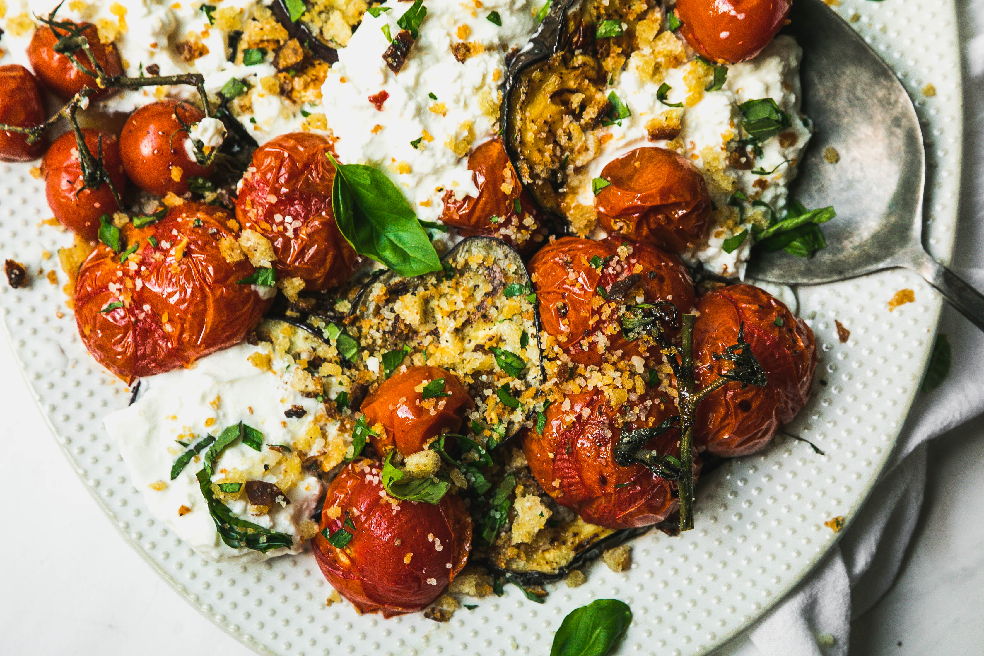 Grilled Eggplant, Roasted Tomatoes And Burrata With Garlic-Herb ...