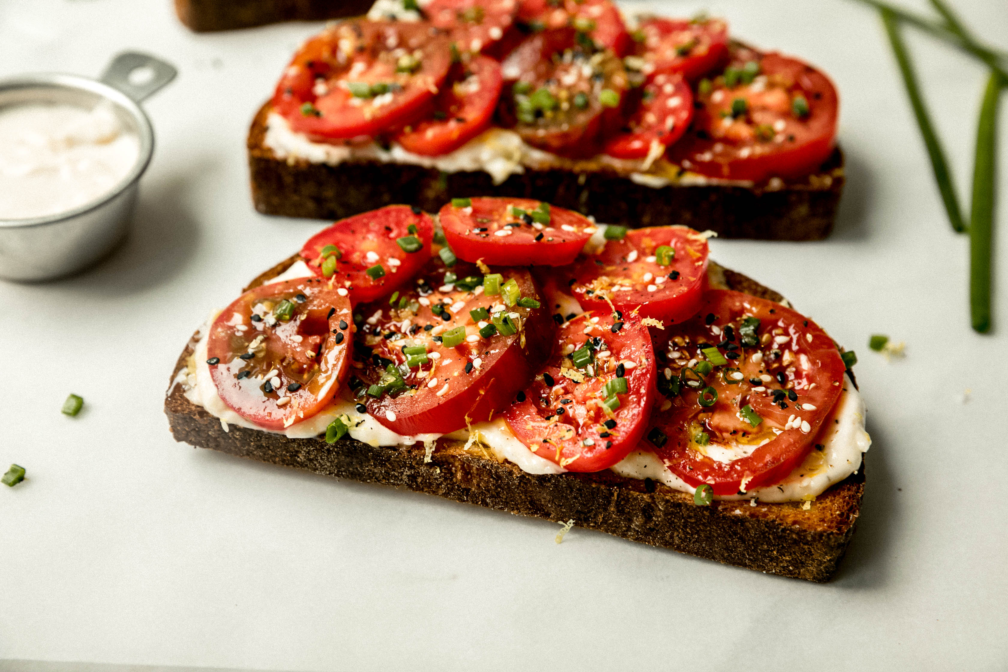 Tomato Toast with Chives and Sesame Seeds - Never Not Hungry