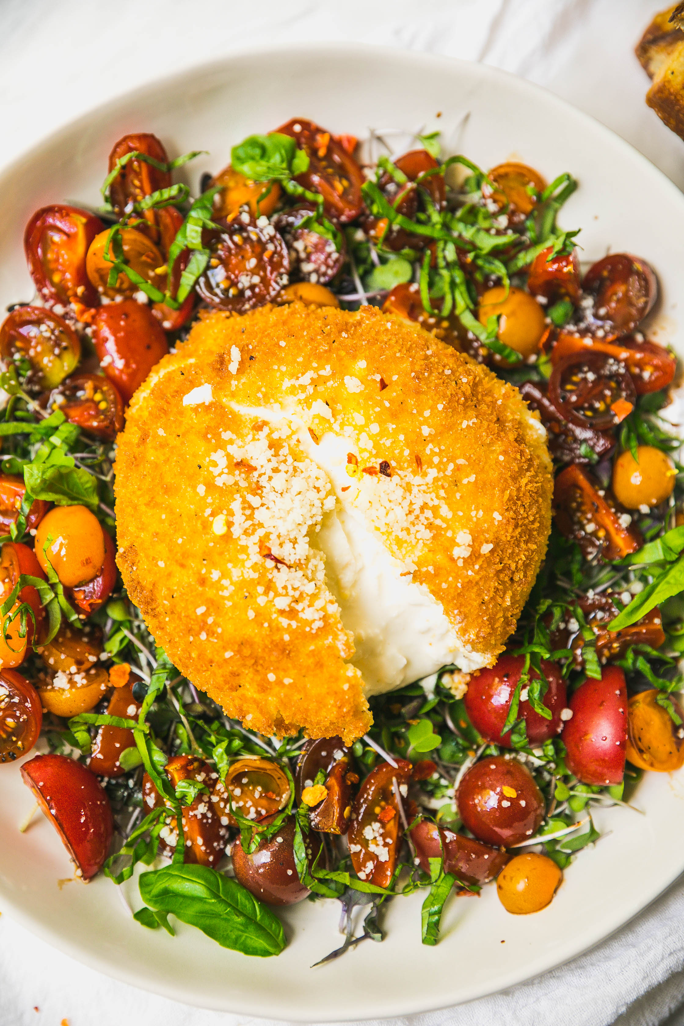 Fried Burrata with Balsamic-Marinated Tomatoes - Never Not Hungry